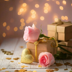 Paquets cadeaux et roses dans une ambiance intimiste