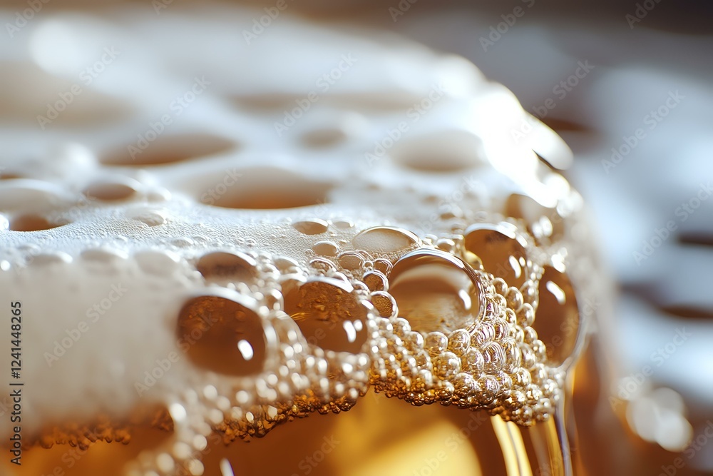 Poster frothy beer foam with golden bubbles in macro shot showing refreshing carbonation and rich texture a