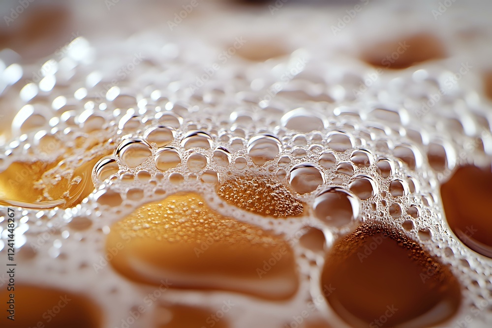 Poster macro shot of white soap foam bubbles on orange surface with selective focus creating abstract patte