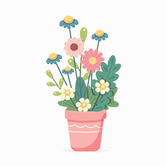 Garden flowers in flower pot on white background. Vector illustration in flat drawn cartoon style