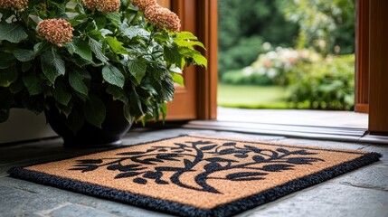 Welcome mat at an open door with greenery outside.