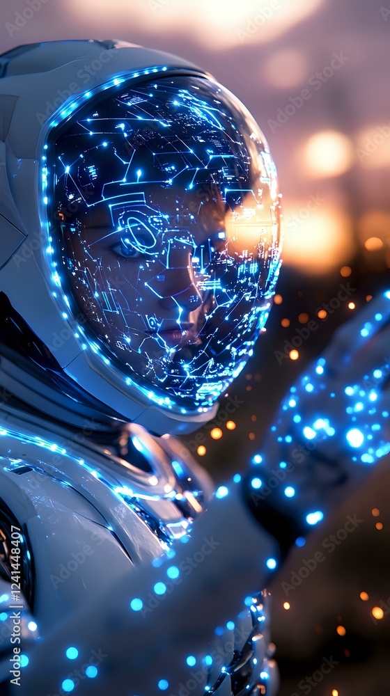 Poster futuristic android with glowing blue circuit patterns across transparent face mask against bokeh bac
