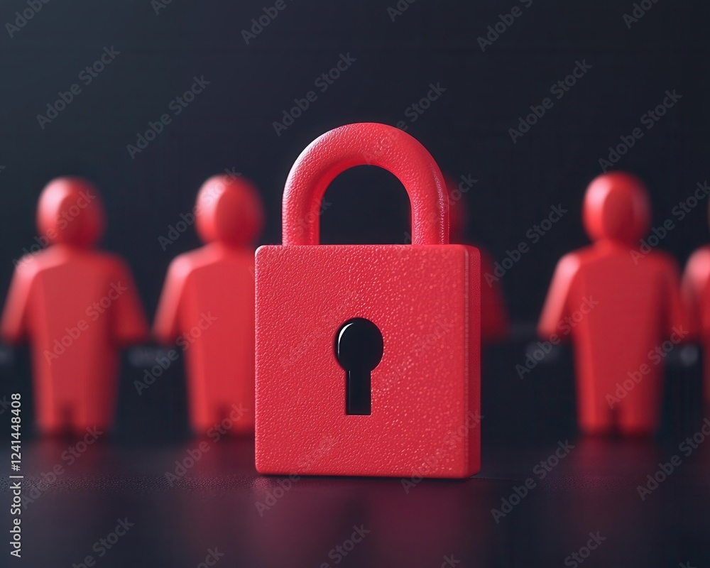 Poster a red padlock stands prominently in front of small figures, symbolizing security and protection amid