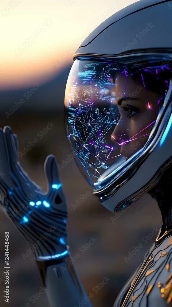 Poster futuristic astronaut in protective suit with glowing neon interface patterns reflected in helmet vis