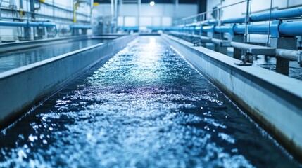 Water flowing through plant channels; industrial facility background