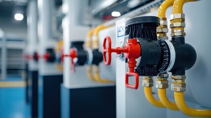 A close-up of industrial valves and piping, highlighting a red valve and yellow pipes in a modern facility.