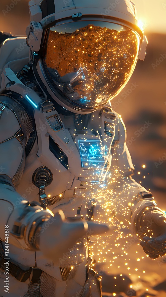 Poster astronaut in white spacesuit with glowing particles reflected in helmet visor against orange sunset 