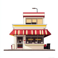 Fototapeta premium Retro diner storefront, sunny day, urban setting, food service illustration