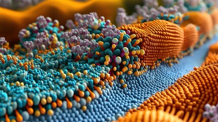 Microscopic Cellular Interaction, vibrant colors, complex background, medical research