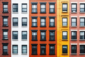 Fototapeta premium A vibrant row of buildings featuring colorful facades, showcasing red, orange, yellow, and white with multiple windows and a symmetrical design.