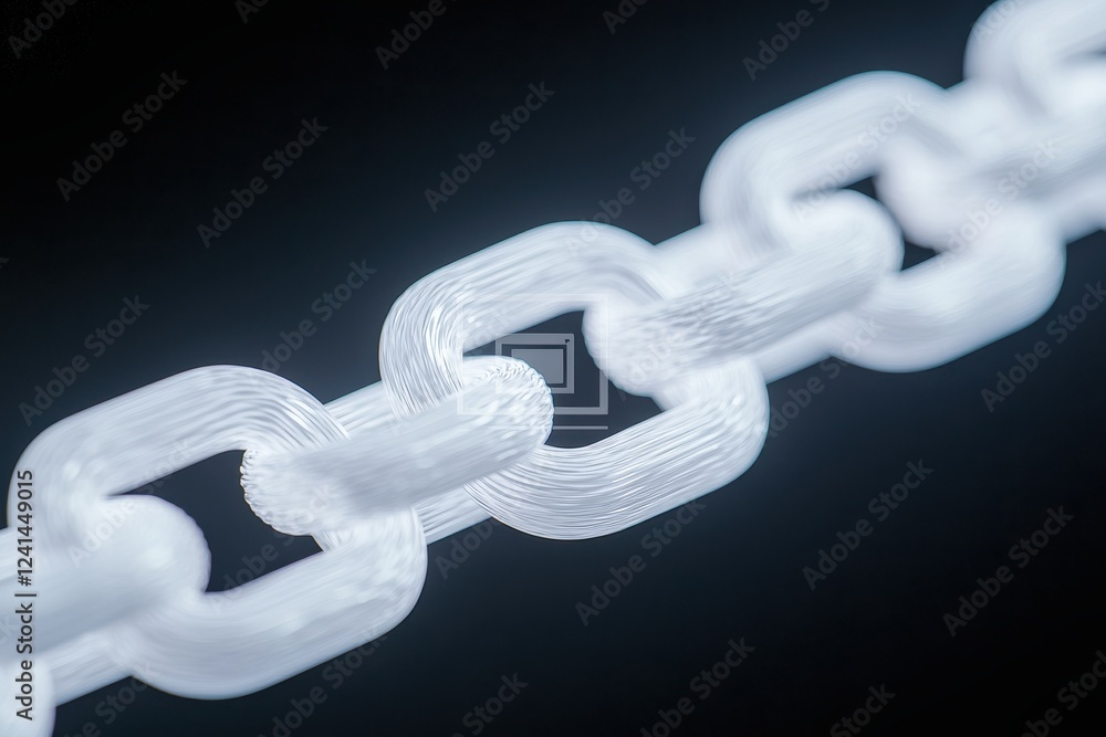 Poster a close-up of a white, interconnected chain link against a dark background, emphasizing its structur