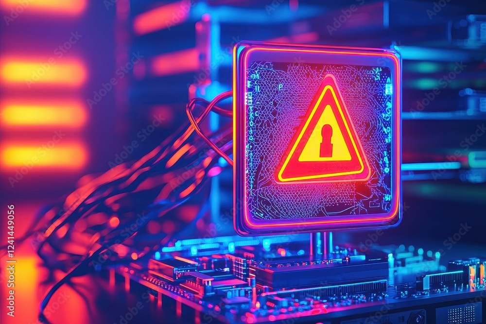 Poster a neon warning sign with a lock symbol illuminates a server, highlighting cybersecurity concerns in 