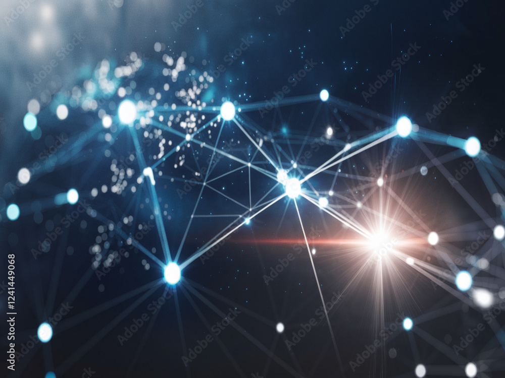 Poster futuristic network visualization with glowing blue and white nodes connected by luminous lines. set 