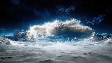 Fototapeta premium Snowy mountain range under dramatic sky, winter landscape, desktop wallpaper