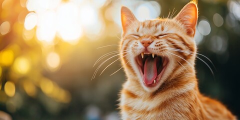 A joyful ginger cat captures sunlight while yawning amidst a beautiful outdoor setting, radiating joy.