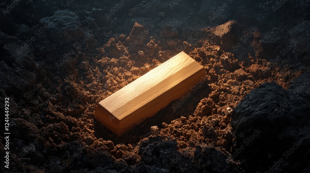 Poster illuminated wooden object resting in rocky earth surrounded by soft light and natural texture