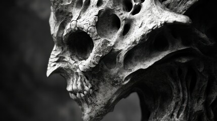Fototapeta premium A bold and powerful side view of an aggressive sculpture in black and white, with intricate details revealed by a 55mm lens.