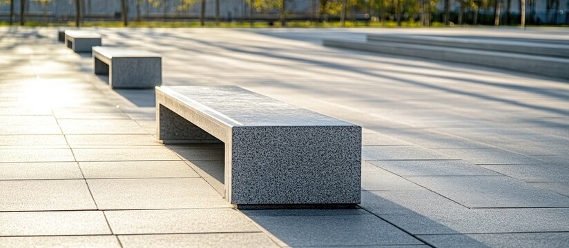 Sunlit stone benches in park plaza