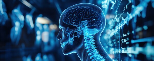 Digital brain scan, spine detail, data background; medical, AI