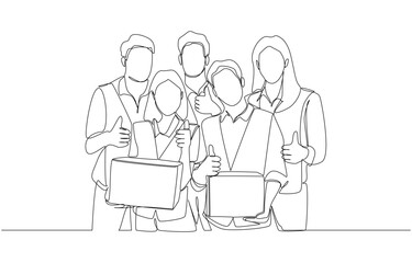 Continuous one line drawing of logistics warehouse staffs giving thumbs up, logistics and warehousing concept, single line art