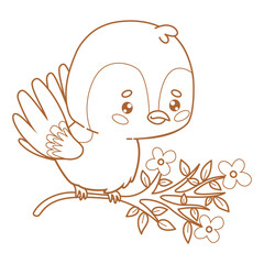Outline cartoon sparrow on blooming branch. Funny kawaii character little bird. Line drawing, coloring book. Vector illustration
