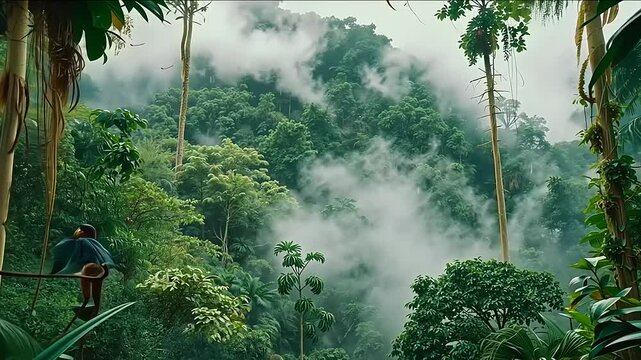 Di musim panas, seorang pria menyirami pohon di taman, sementara yang lain berjalan di hutan hijau di bawah langit biru yang berawan