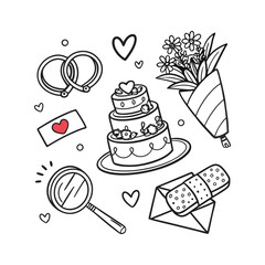 Valentine's Day Doodle Det, Wedding Rings and Heart-Shaped Cake
