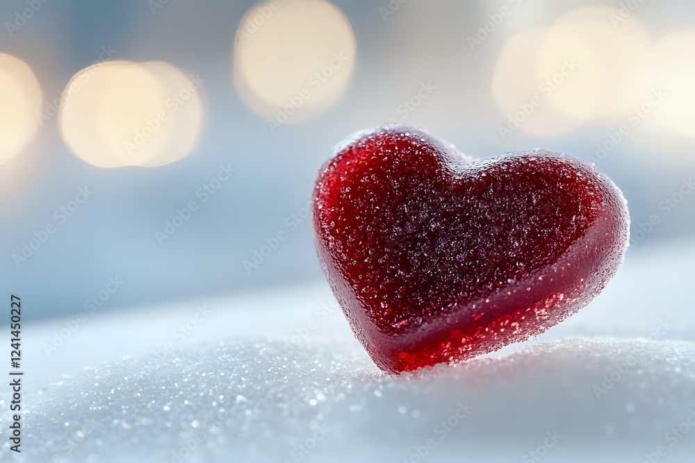 Poster red heart-shaped candy on sparkling snow surface with soft bokeh lights in background creates romant