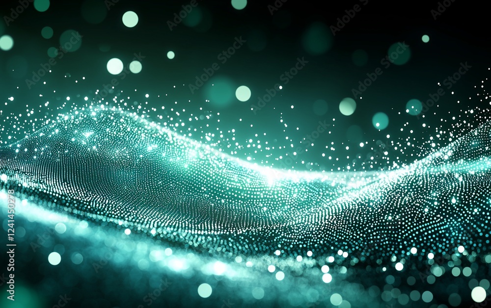 Aufkleber Teal particle wave abstract background, glowing bokeh