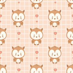Seamless pattern. Cute Adorable owl on beige checkered background with hearts. Funny cartoon kawaii character backdrop. Vector illustration. Kids collection