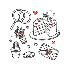 Valentine's Day Doodle Det, Wedding Rings and Heart-Shaped Cake

