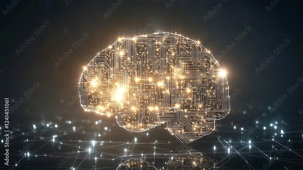 Poster a digital brain composed of circuit patterns and glowing lights, representing artificial intelligenc