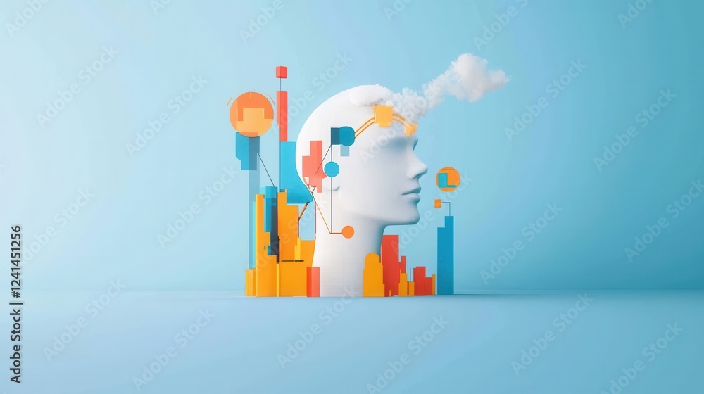 Poster abstract representation of human head with geometric shapes and clouds symbolizing creativity and in
