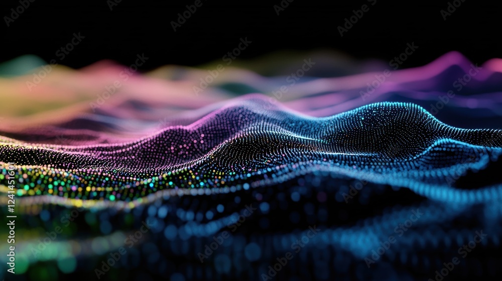 Poster colorful particle waves flowing on a black background illustrate the dynamism and complexity of inno