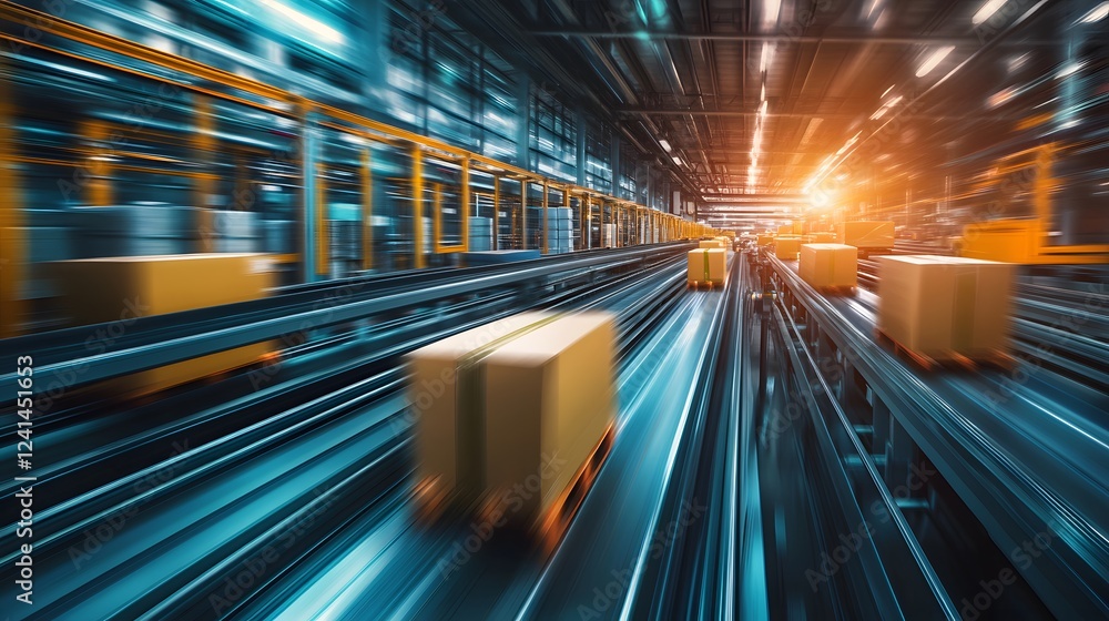 Poster fast motion of delivery boxes on conveyor belt in warehouse setup
