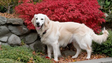 Golden Retriever in Autumnal Setting Full Body Portrait, Red Maple Leaves, Stone Wall Background, Dog Photography, Canine, Fall Colors Canine, Golden Retriever
