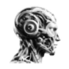 Stylized profile of a robotic head with dotted texture.