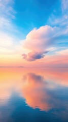 Fototapeta premium Serene sunset reflection over calm waters tranquil lake nature peaceful environment wide angle natural beauty