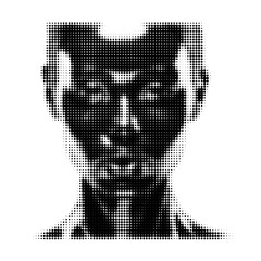 Pixel art portrait of a futuristic humanoid figure.