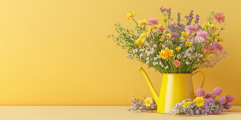 A colorful bouquet of wildflowers in a yellow watering can against a vibrant yellow background, creating a cheerful and artistic floral composition.