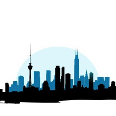 City skyline at sunset with illuminated clouds and dark building outlines silhouetted skyline cityscape architecture illustration building city vector