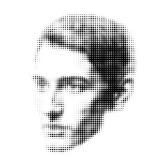 Abstract dot-based portrait in monochrome, showcasing modern digital art techniques.