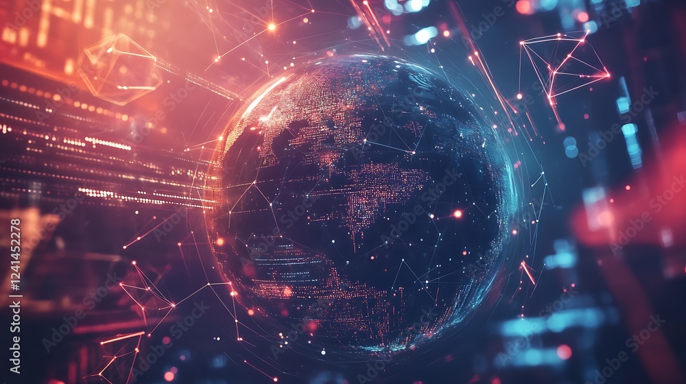 Fototapete a digital globe surrounded by glowing data streams and floating geometric shapes, representing the i