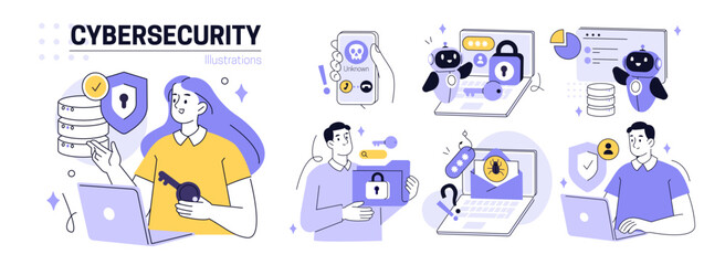 AI technology in security set. Characters using artificial intelligence, algorithms, generative tools for data protection, cybersecurity, privacy, hacking threats prevention. Vector illustration.
