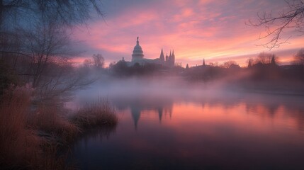 Fototapeta premium Misty Sunrise over River Temple, Long Exposure, Pink Sky, Calm Water, Reflection, Architecture, Landscape Photography Landscape Photography