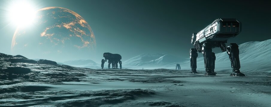 Alien robots traverse icy exoplanet, large orange sun background; sci-fi game asset