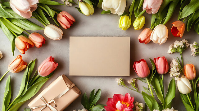 A thoughtfully designed spring-inspired card layout with a harmonious mix of floral elements and gentle pastel shades. This versatile composition offers a refined and festive backdrop