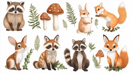 Cute Woodland Creatures: Adorable Raccoons, Foxes, and Mushrooms