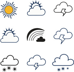Fototapeta premium A collection of simple, black and white weather icons, including sun, clouds, rain, thunder, rainbow and snow.