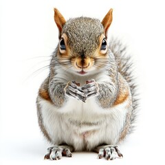 Fototapeta premium Adorable grey squirrel sitting upright, paws together, against a white background.